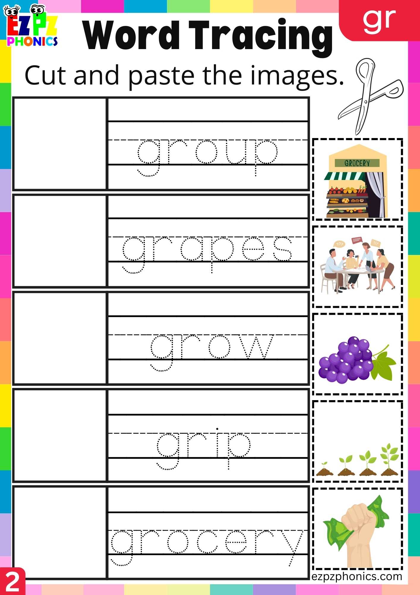 Group2 GR Words Cut And Paste The Images Phonics Consonant Blends Worksheet